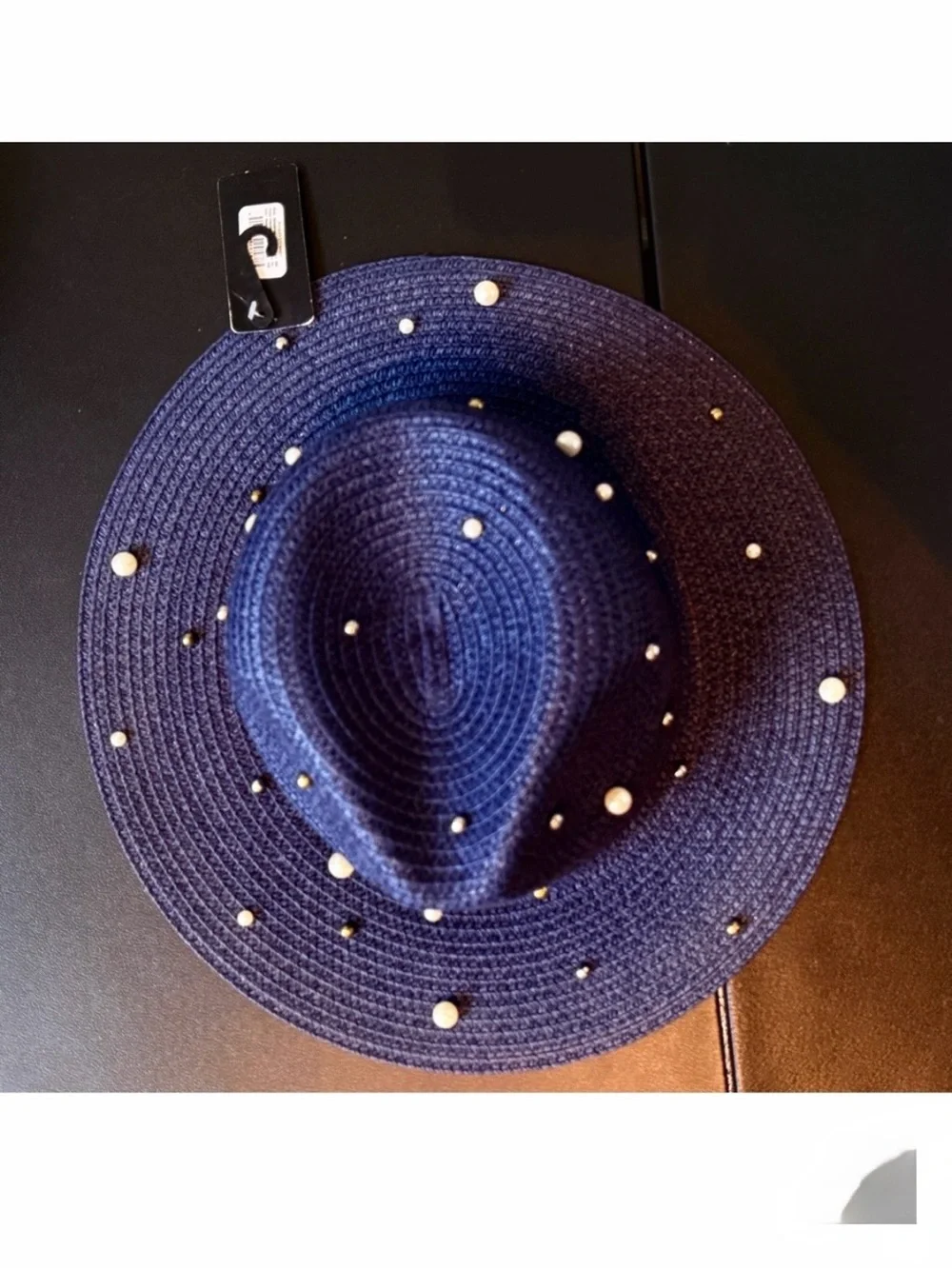 Ashley Stewart Navy Blue Pearl Studded Straw Hat Sun Glam Wide Brim NWT